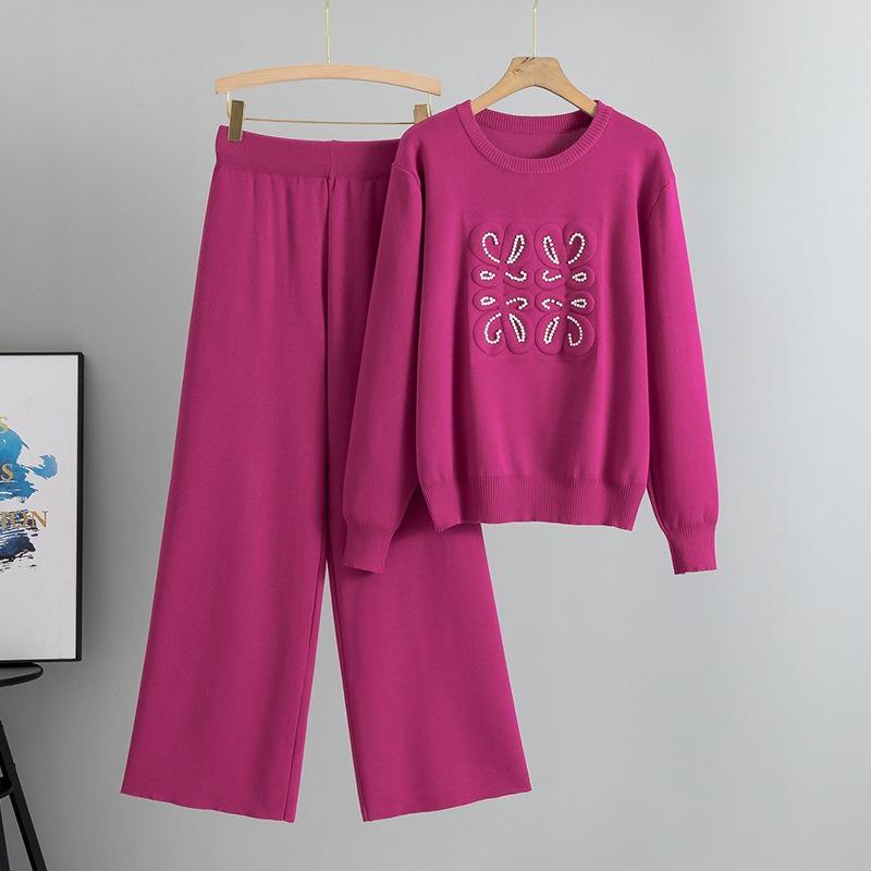 Plus Size Women's New Autumn Knit Sweater Wide Leg Pants Fashion Simple Temperament Two Piece Suit