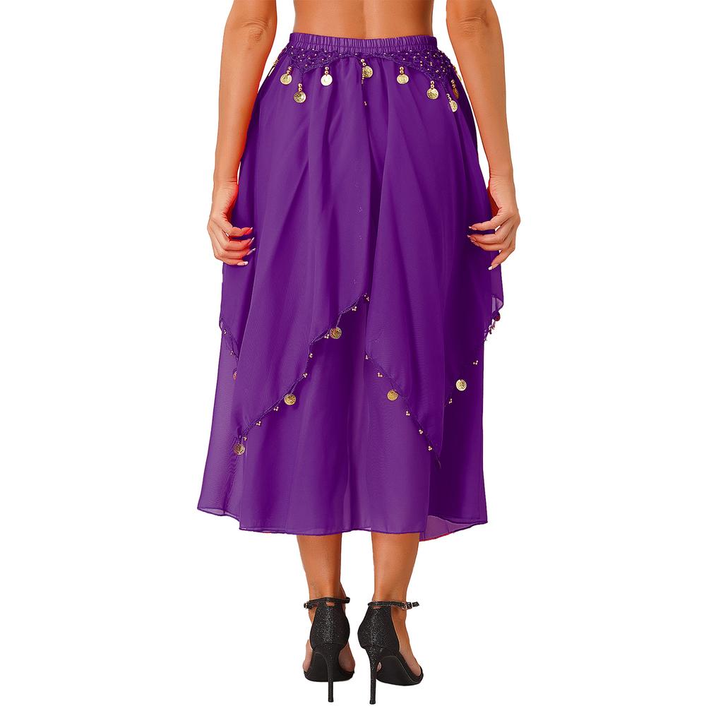 Ladies Sequin Beaded Belly Dance Skirt Chiffon Fabric Elastic Waistband Performance Costume Practice Dancewear