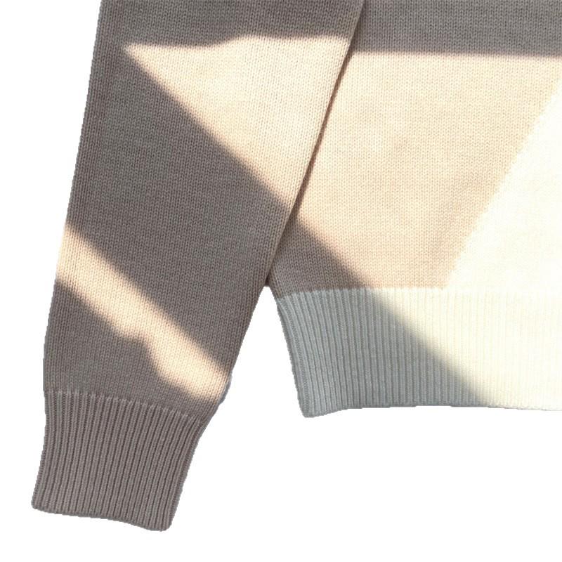 Women's College-Style Color-Block Cashmere Sweater, Loose Fit, Badge Detail, Round Neck, Long Sleeve - H Family New Arrival