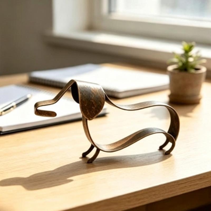 Open-Frame Wiener Dog Sculpture In Metal with a Mottled Aged-Look Finish for Indoor Cabinets, Shelves, and Desktops