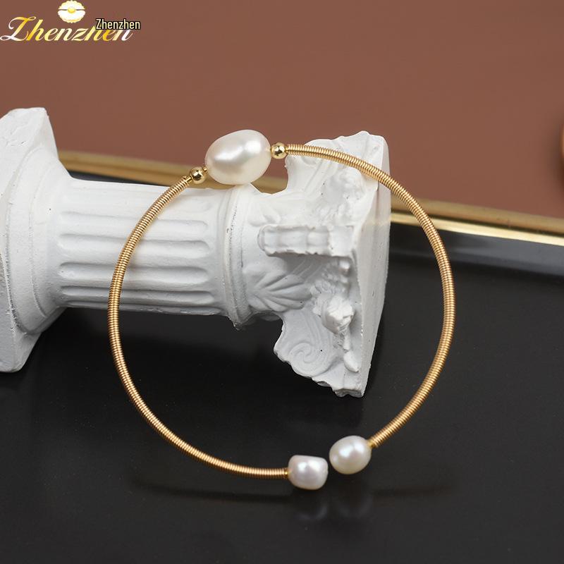

Натуральный пресноводный жемчуг барокко браслет: Женские украшения ручной работы, обернутые золотой проволокой Adjustable Open белый/естественный