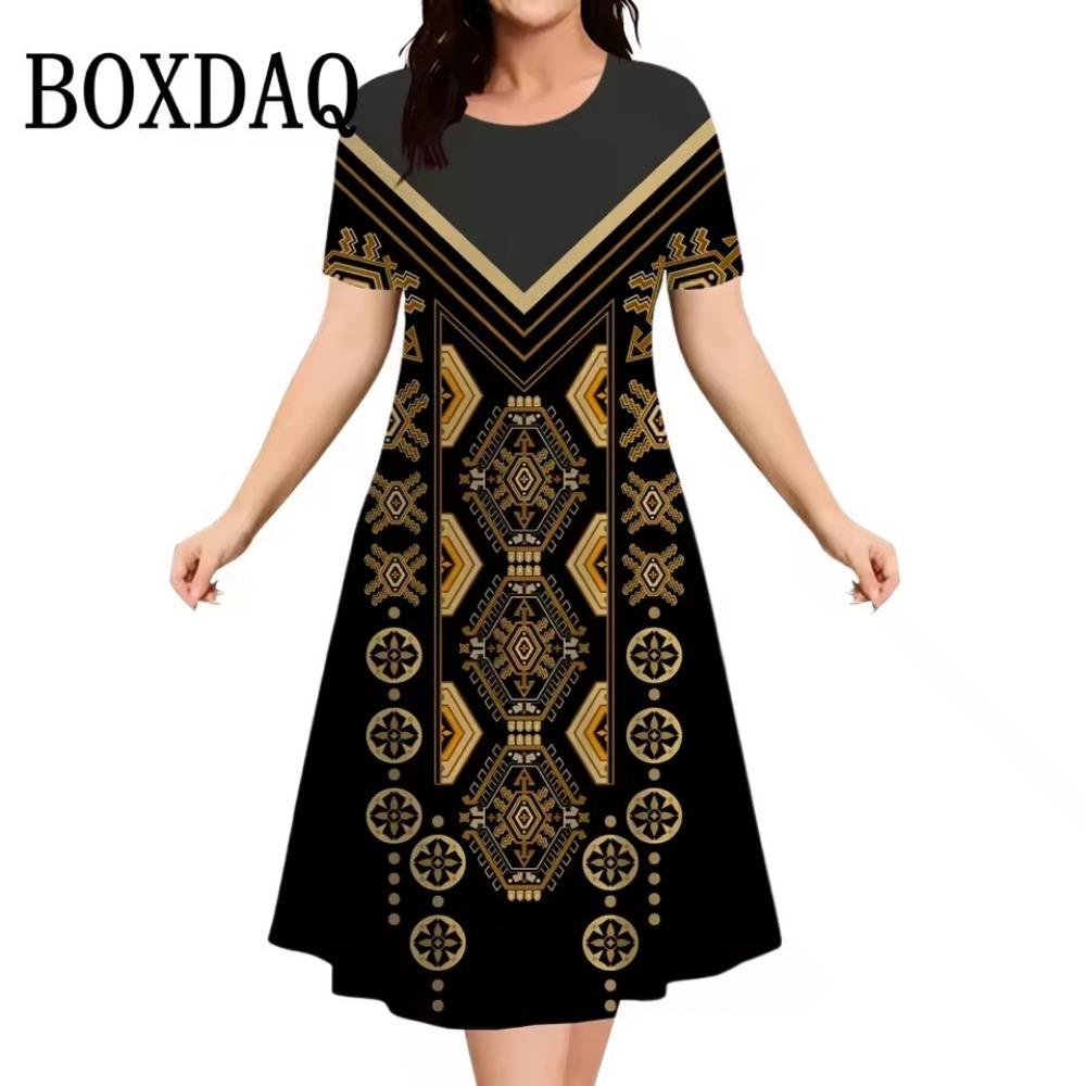 Vintage Elegant Ethnic Elements Flowers Printed Dress Big Size Women's Summer Short Sleeve O-Neck Casual Loose Dress Vestidos