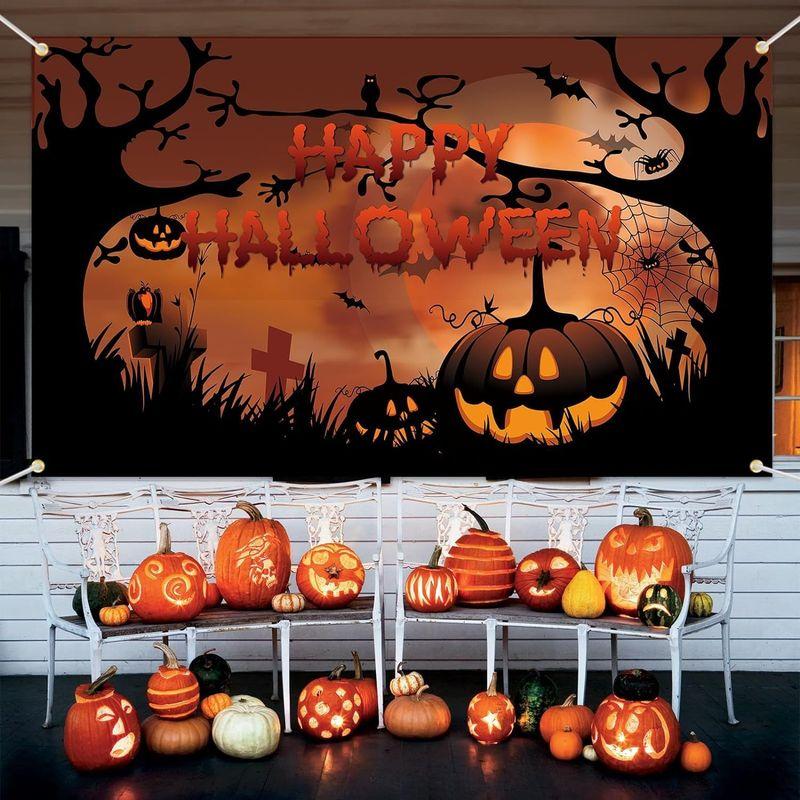 VIKAMA Halloween Backdrop Pumpkin Bat Spider Graveyard Banner Indoor Outdoor Party Wall Photo Booth Decor