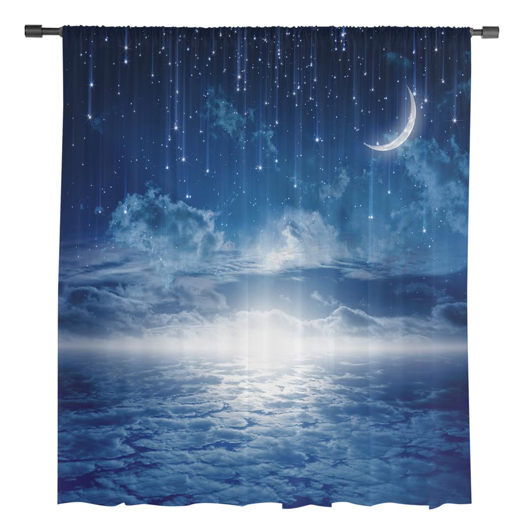 White Clouds Moon In The Night Sky Tulle Window Curtains Living Room Organza Sheer Voile Curtain Bedroom Kitchen Home Decor