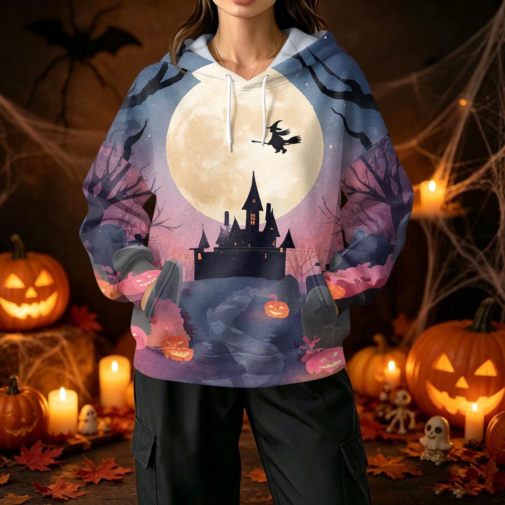 Ladies fashion casual Halloween printed drawstring hooded sweater with pockets