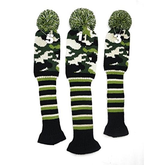 Knit Golf Headcover Diamond with Cute Number Pendants and Stars and Stripes Pattern 3-Piece Set, Series, (Camouflage Green)