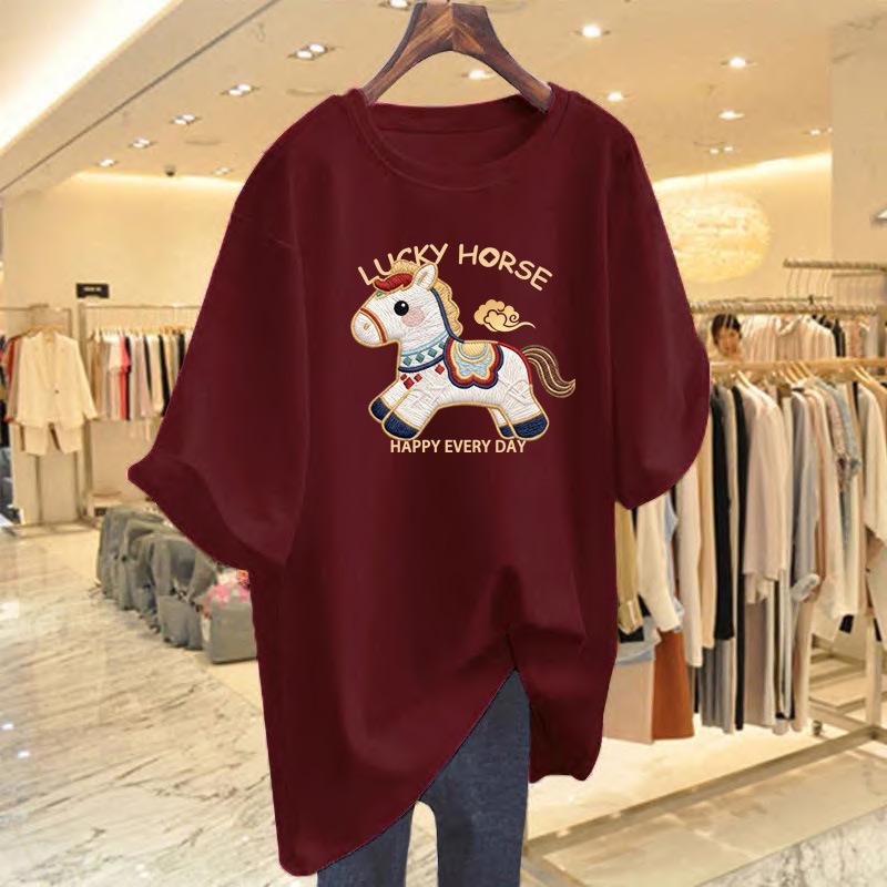 2026 Year of the Horse Red Pure Cotton Women's Loose Fit Short Sleeve T-shirt