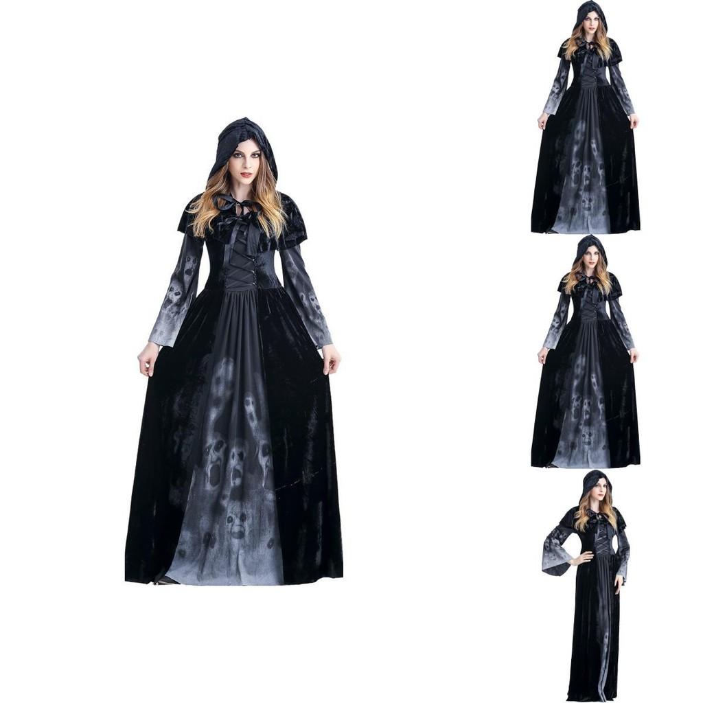 Halloween Cosplay Dress For Women With Skeleton Print Polyester Fantasy Evil Witch Vampire Dead Soul Costume Halloween Costume