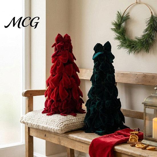 Dining Table Christmas Centerpiece Velvet Bow Tree Decoration, Shaped Photo-ready Decor Tabletop Ornament for Fireplace Window Holiday Stacked