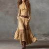 Rochie Maxi Eleganta Imitație Piele de Cămilă Patchwork Imprimeu Carouri Femei Guler Înalt Buton Rochie de Petrecere Toamnă Mânecă Lungă Buzunar Rochie Boho