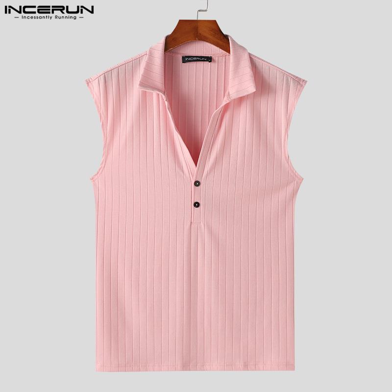 INCERUN Men Lapel Buttons Sleeveless Texture Vest Casual Slim Tank Tops