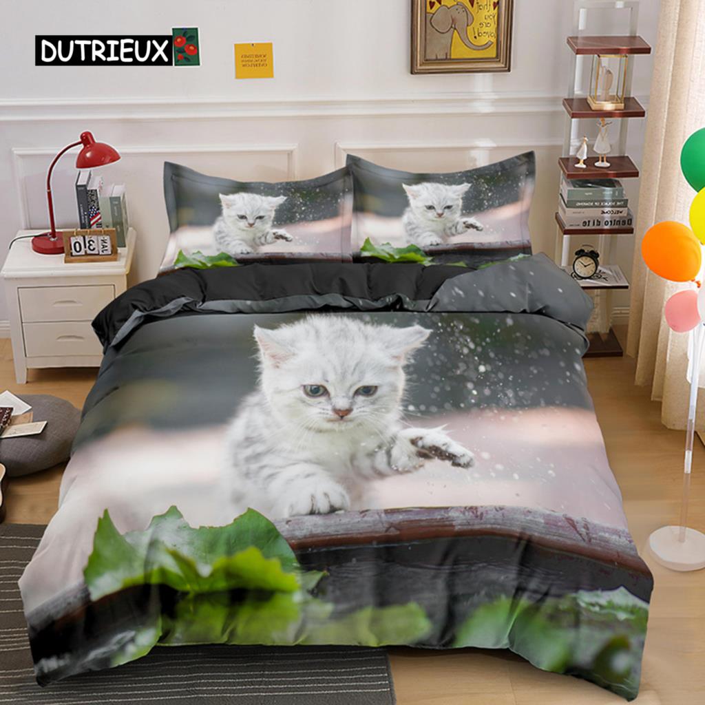 Cat Duvet Cover Set Kittens Theme Art Funny Print Bedding Set Microfiber Orange and Grey Cat King Size Quilt Cover For Kids Teen