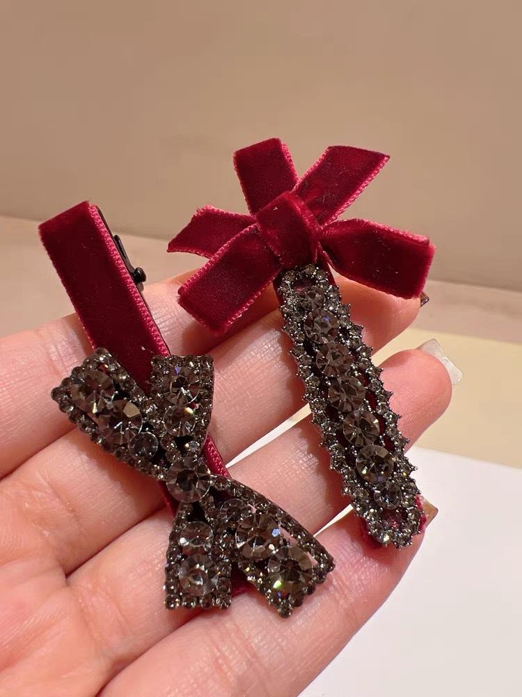 2Pcs Sweet Bow Rhinestone Hair Clips Girls Kawaii Cute Headwear Velvet Bowknot Duckbill Clips Kids Sided Clips Bangs Hairpin