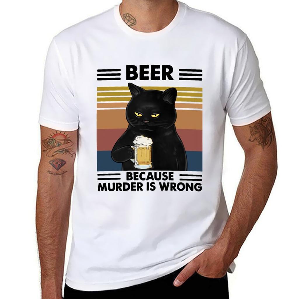 Funny Black Cat With Beer Vintage Art Beer TShirt Big and Tall Crew Neck Tee
