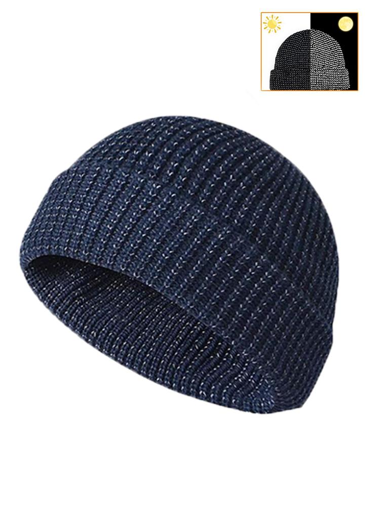 Reflective Silk Fabric Beanie Women's Warm Knit Hat Personality Outdoor Camping Headwear Night Safety Solid Color Cap