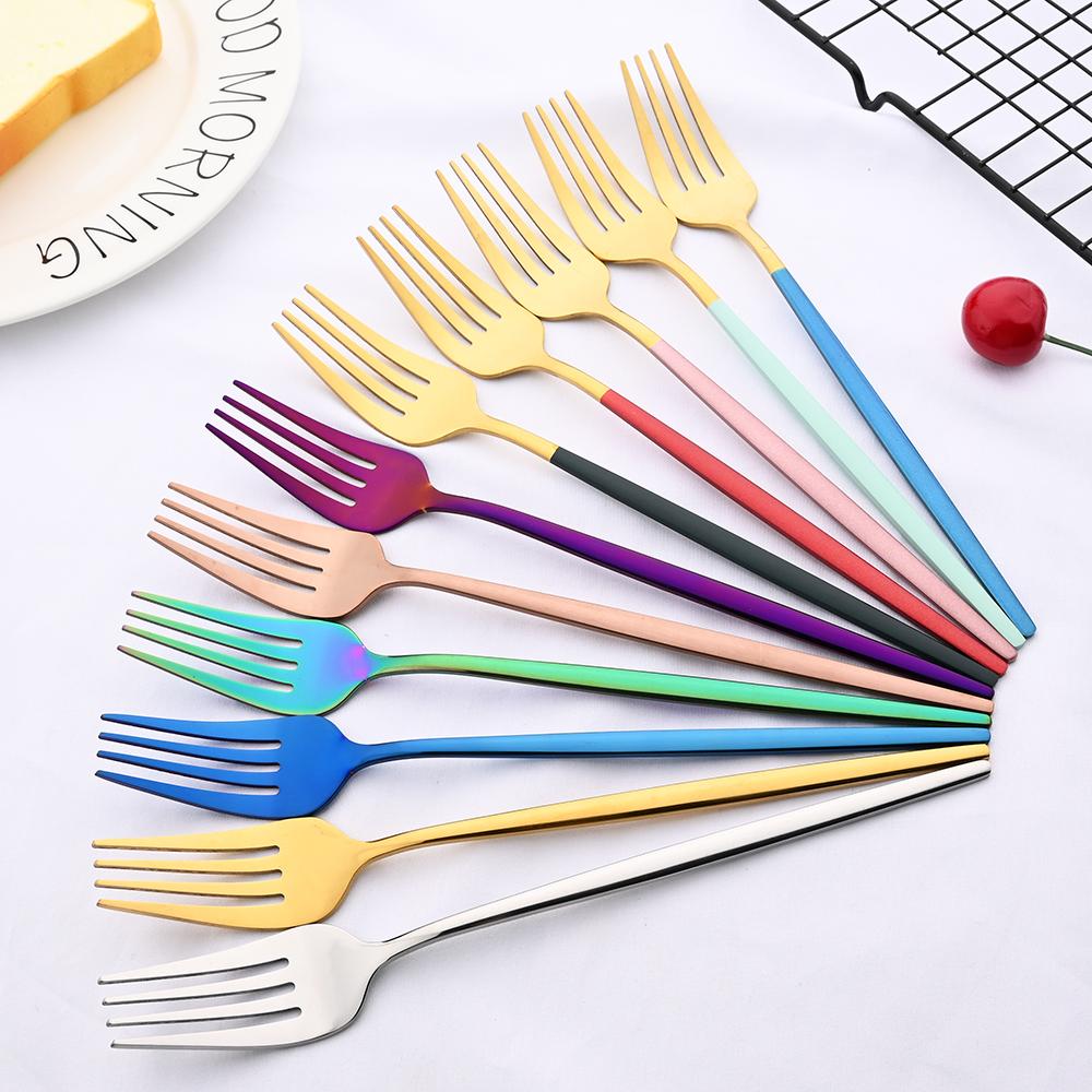 6Pcs Colorful Cutlery Set Stainless Steel Dinner Fork Set Dessert Cake Fork Fruit Salad Fork Tableware Set Kitchen Flatware Set