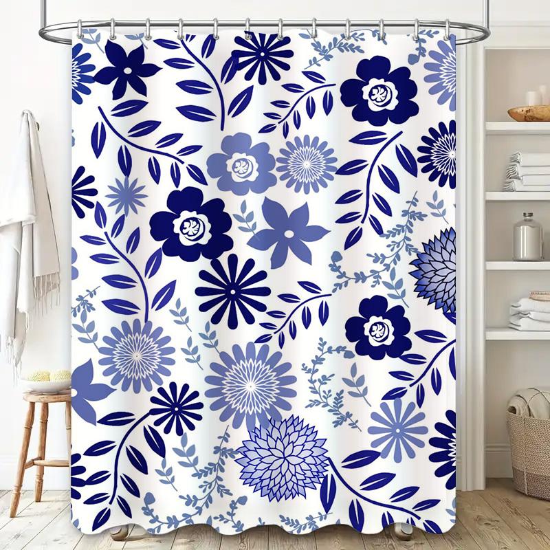 Elegant Blue Floral Shower Curtain Waterproof Bathroom Decor Polyester Shower Drapes Set Bath Linen Home Decoration XL (72x84 in