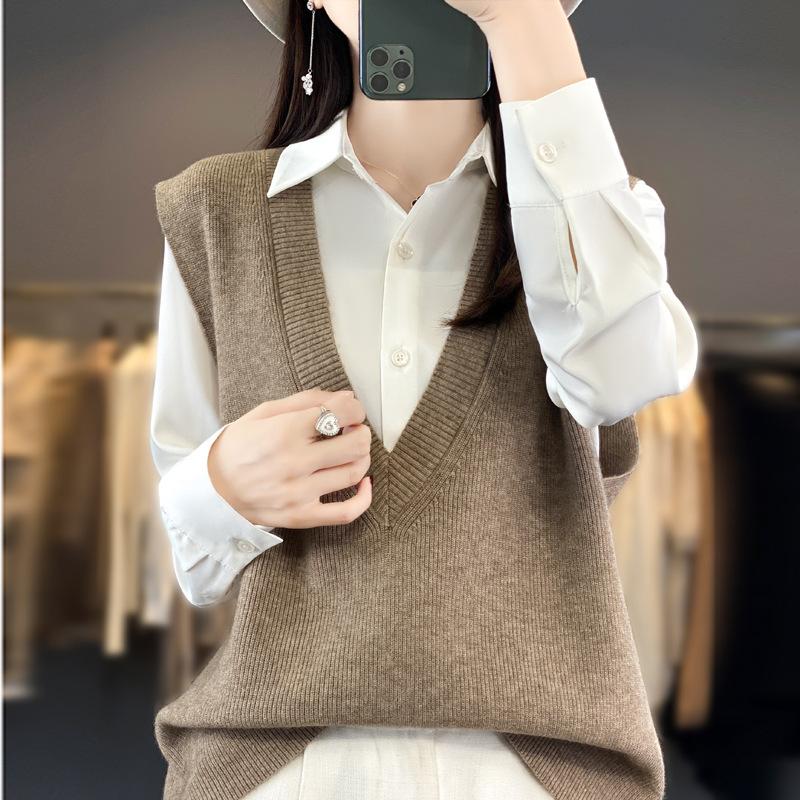 

Вязаный жилет для женщин, свободный вязаный жилет, свитер без рукавов, майка, Camry Shoulder V-образный вырез, вязаная куртка осень/зима M хаки