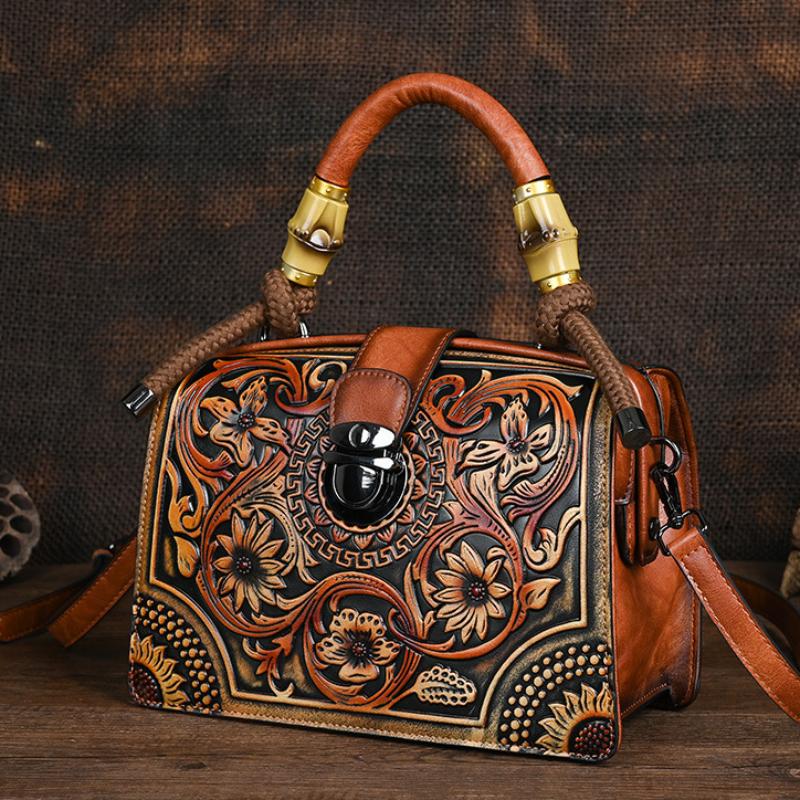 Johnature Vintage Luxury Handbag Handmade Leather Carved Women Bag Versatile Female Shoulder & Crossbody Bags