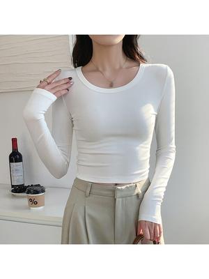 Women's White Slim Long-Sleeve High-Waist Top - Spring/Autumn 2025 Trendy Base Layer