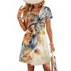 Modisches Damenkleid mit Print, V-Ausschnitt, kurzärmelig, locker, lässig, für den Strandurlaub