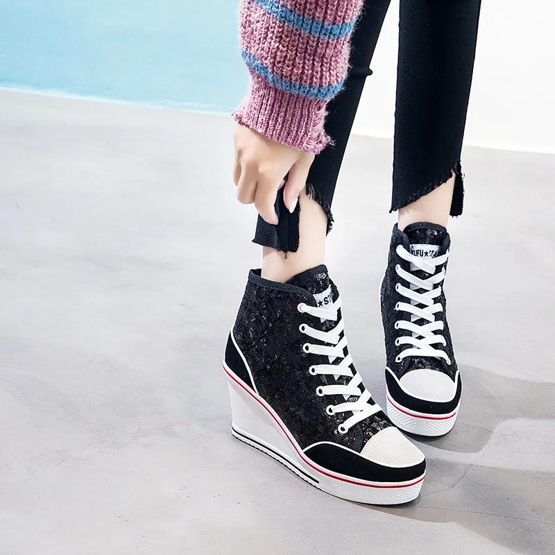 Fashion 8CM autumn Women Shoes Pink Black Silver Glitter Vulcanize Woman Platform Wedge Sneakers Casual Zapatos De Mujer