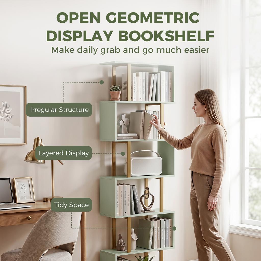 S Shaped Bookshelf 6 Tier Bookcase Freestanding Storage Shelves With Anti Tip Strap For Living Room Light Green