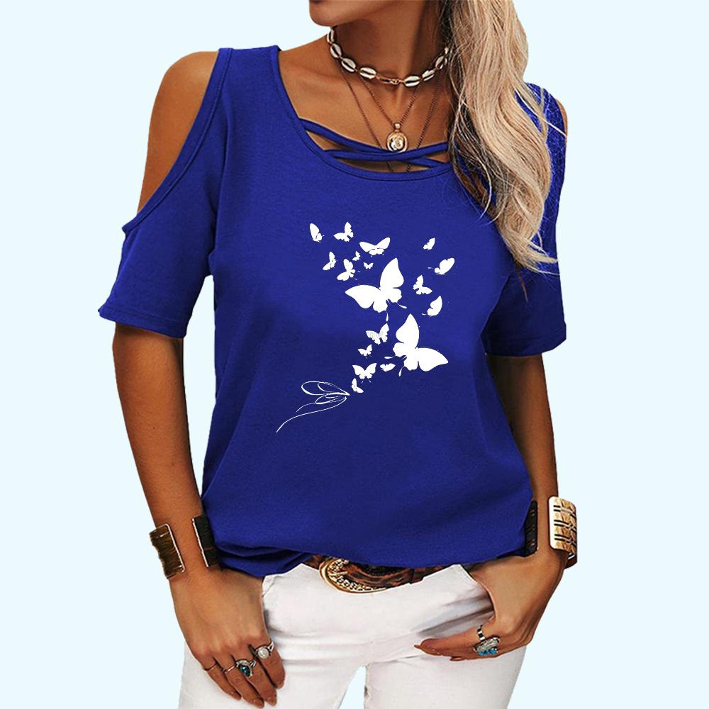 Women Fashion Off Shoulder Top Casual O Neck Summer Tee Shirt Butterfly Print Short Sleeve T-shirt