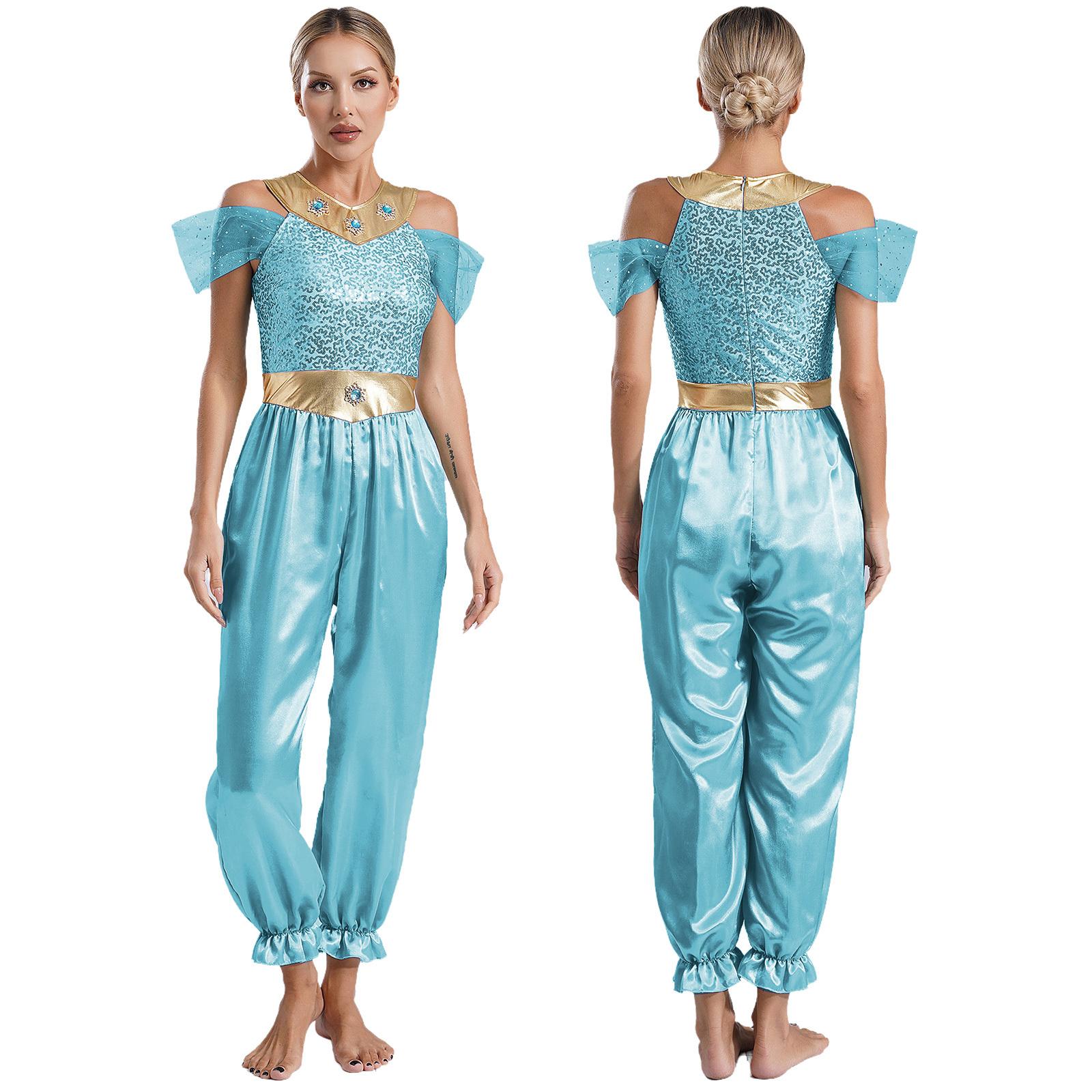 

Женский костюм Болливуда для танца живота, комбинезон с брюками-тыквами и накладкой из тюля, цельный комбинезон для арабского косплея на Хэллоуин светло-синий