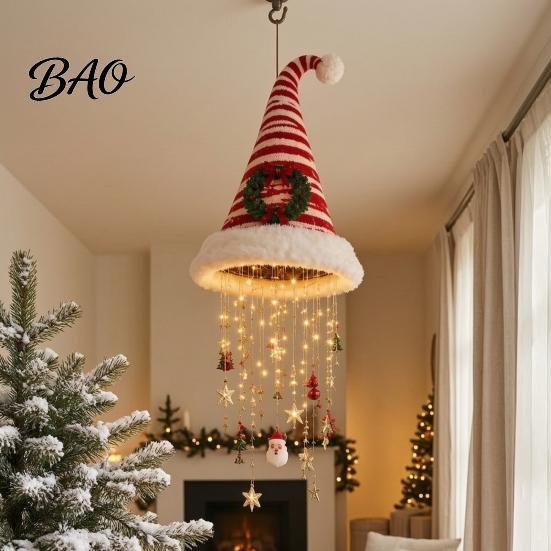 Indoor Christmas Craft Supplies Light?Up Santa Hat Hanging Chandelier DIY Kit, Warm LED String Lights Decorative Ornament Pendant with Star Tassel,