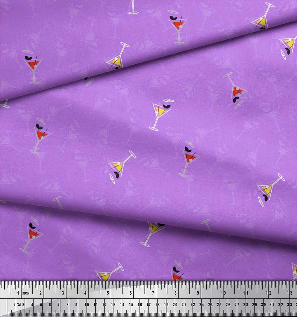 Soimoi Purple Japan Crepe Satin Fabric Glass,Straw & Drinks Summer Designs Fabric Prints By Metre 42 Inch