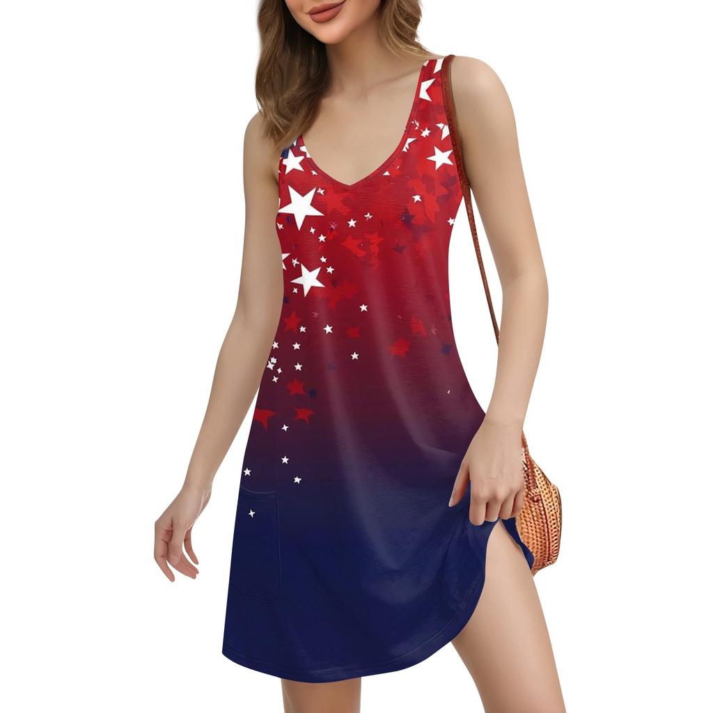 Women's Casual Print Bohemian Beach Dress With Pockets V Neck Tank Dress