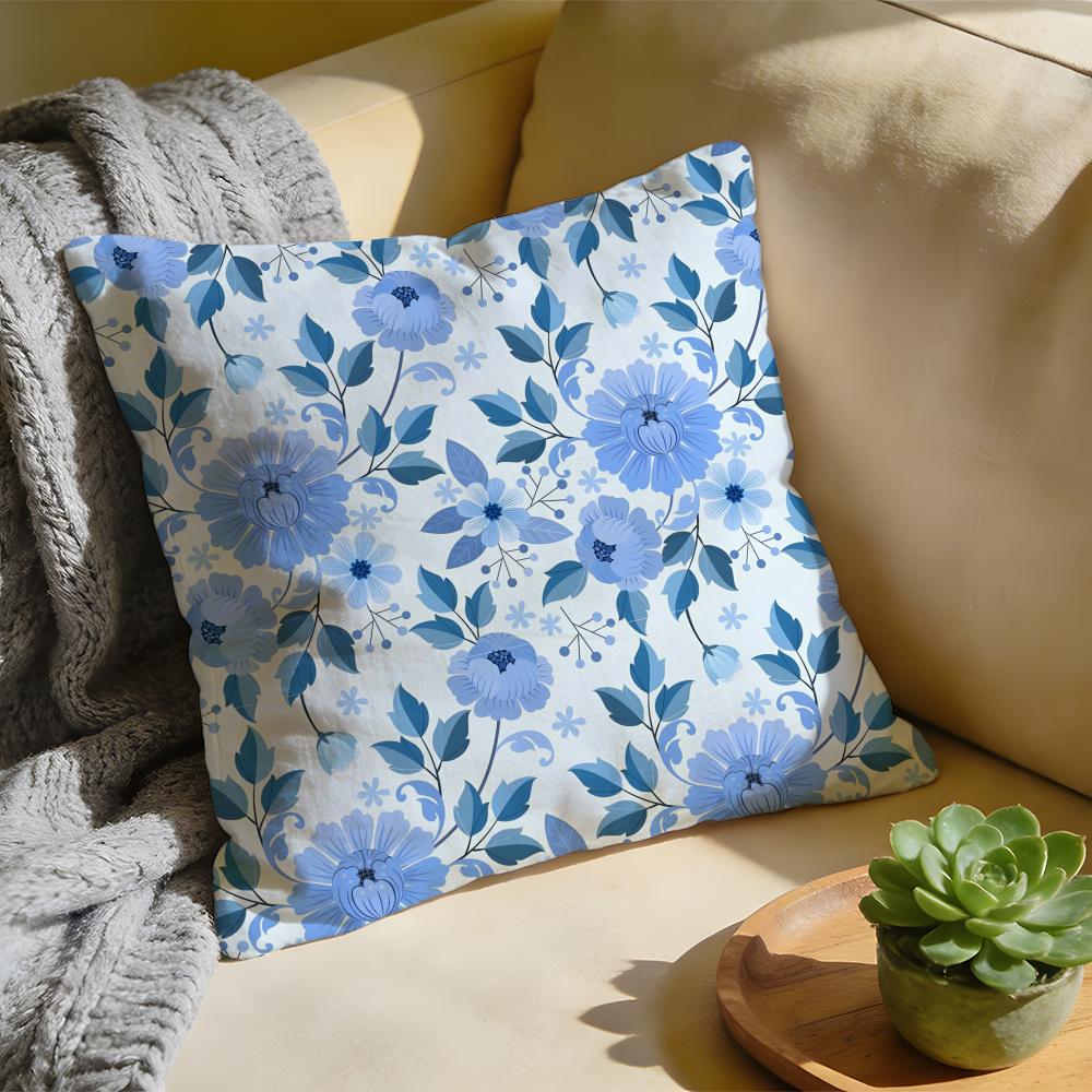 Cushion Cover Washed Linen Soft Breathable Decorative Case for Sofa Home Pillow Cover Elegant Blue Floral