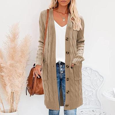 Women Sweater Cardigan V-neck Long Sleeve Twist Texture Knitting Tops with Pockets Solid Color Button-Up Knitting Jacket
