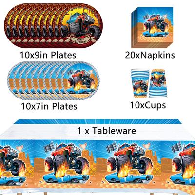 Nuovo Kit Tavola a Tema Monster Truck Comprensivo di Piatti Bicchieri Tovaglioli Tovaglia