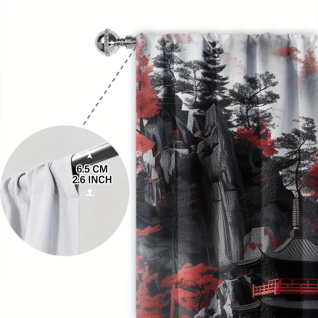 2pcs Black Landscape Painting Printed Curtain for Home Decor - Rod Pocket Window Treatment for Bedroom, Office, Kitchen