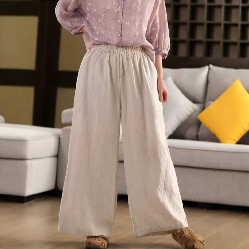 

Johnature Women Vintage Wide Leg Pants Solid Color Elastic Waist Trousers Summer Casual Loose Female Long Pants One Size бежевый