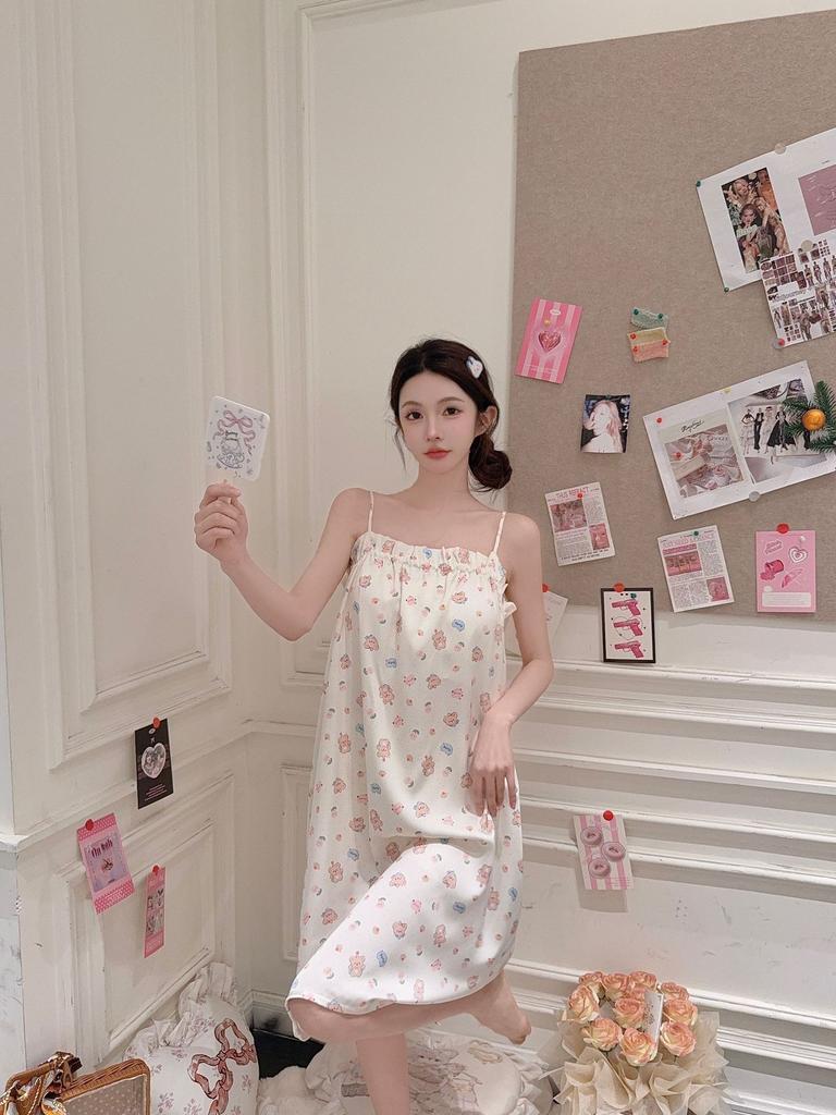 Girly Pajamas Summer Ice Silk Bear Pajamas Japanese Sweet Pajamas Homewear Cute Cartoon Suspender Skirt Powder