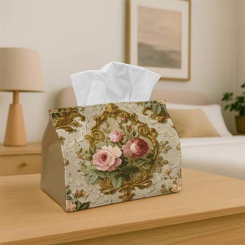 1pc Vintage Botanical Tissue Box with Realistic Roses - Elegant Golden Frame Holder, Durable Polyester Construction Suitable for Living Room, Bedroom,
