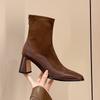 Fashion Back Zipper Skinny Boots for Women Fashionable Thick Heel Square Toe Stitching Suede Non-slip Wear-resistant Short Boots