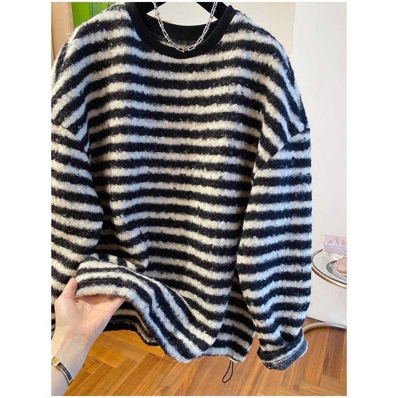Striped T-shirt Bottoming Shirt for Women Winter Loose Thickened Long-sleeved Top