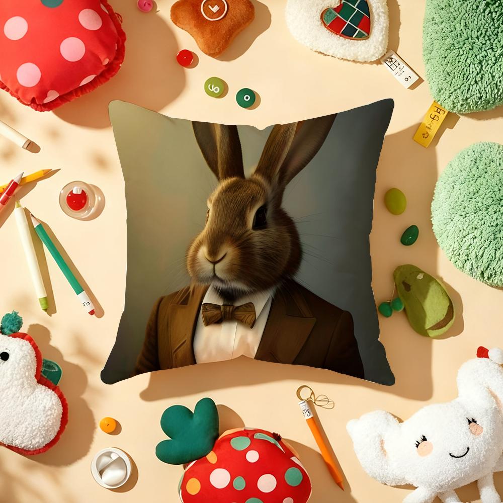 Rabbit Portrait Renaissance Cushion Cover Plush Fabric Soft DoubleSided Printed Sofa Warm Winter Home Gift Pillow Cover