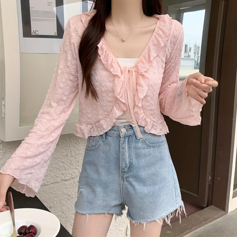 Elegante e Carino Cardigan Sottile con Laccetti e Pizzo, Top Sottile Traspirante con Maniche Lunghe in Chiffon e Volant per Donna, Mantellina Estiva