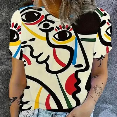 Spring and Summer Women's Round Neck T-Shirt Five Senses Line Art Pattern Short Sleeve Tops Fashion Streetwear Women's T-Shirt