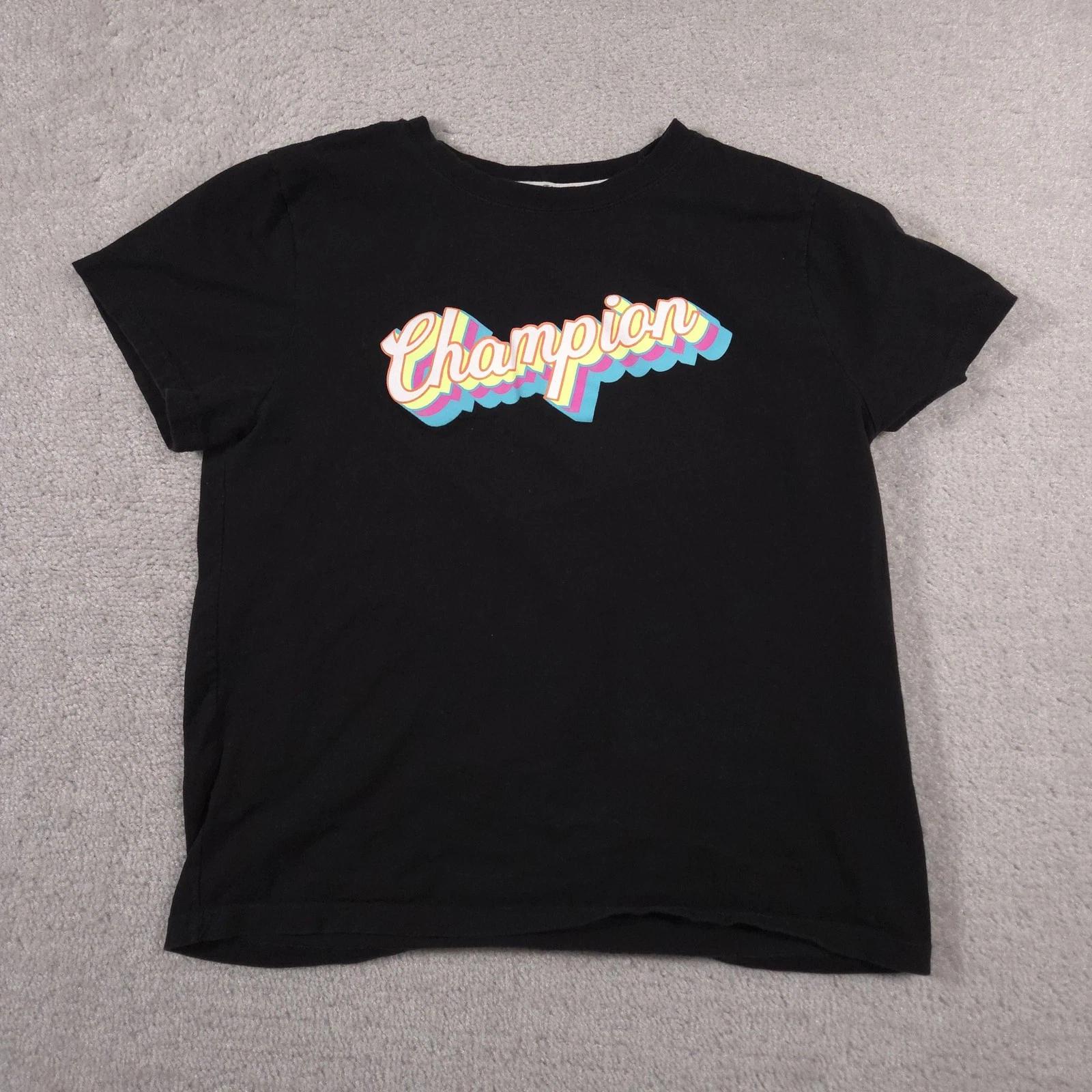 Champion Shirt Girls Medium Black Multicolor Script Logo Graphic Tee Crewneck 160