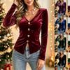Fall Christmas Gold Velvet V-Neck Button Long Sleeve Elegant Blouse for Women, European & American Style