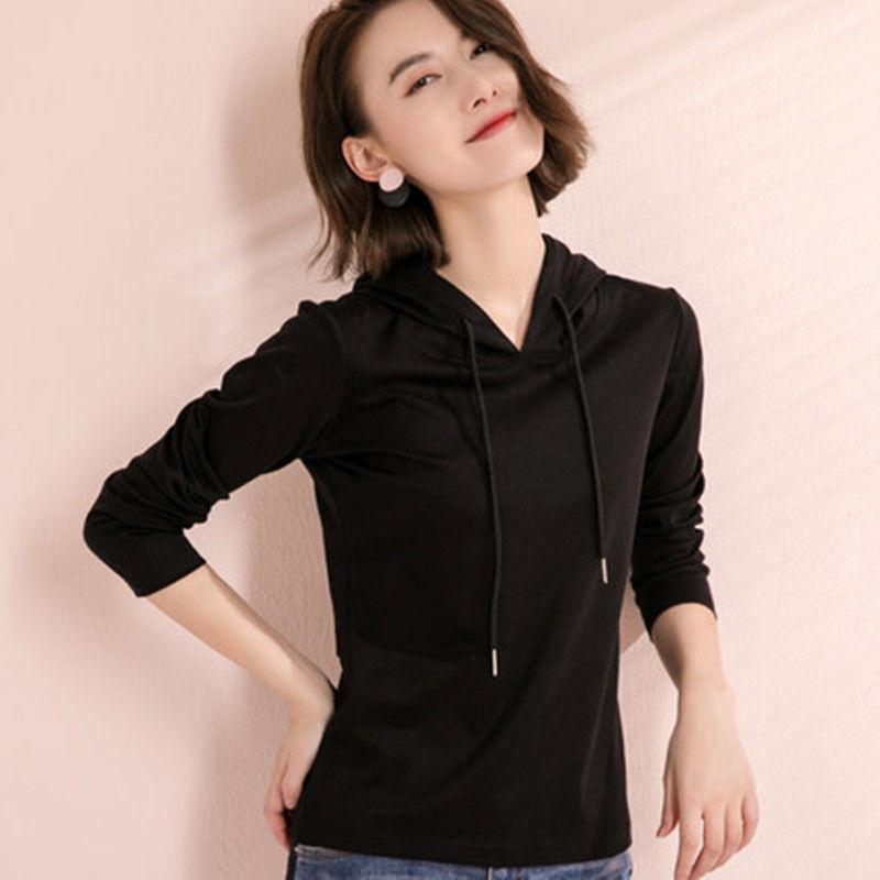 Maglietta Pullover a Maniche Lunghe da Donna Primavera Tinta Unita Sezione Sottile Felpa Casual con Cappuccio Quotidiana