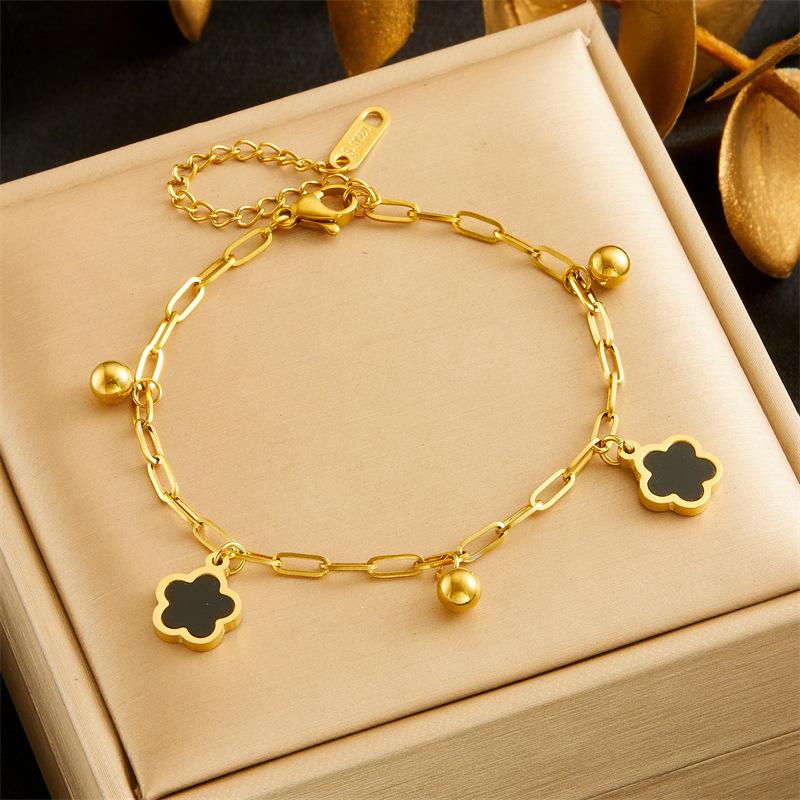 Gold Plated Paperclip Chain Bracelet with Black Clover and Ball Charms Fashion Jewelry for Women