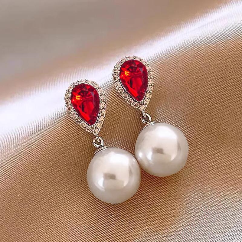 Red Water Droplet Zircon Pearl High End New Earrings Attend Banquet Elegant Trend Exquisite Fashion Luxury Accessories