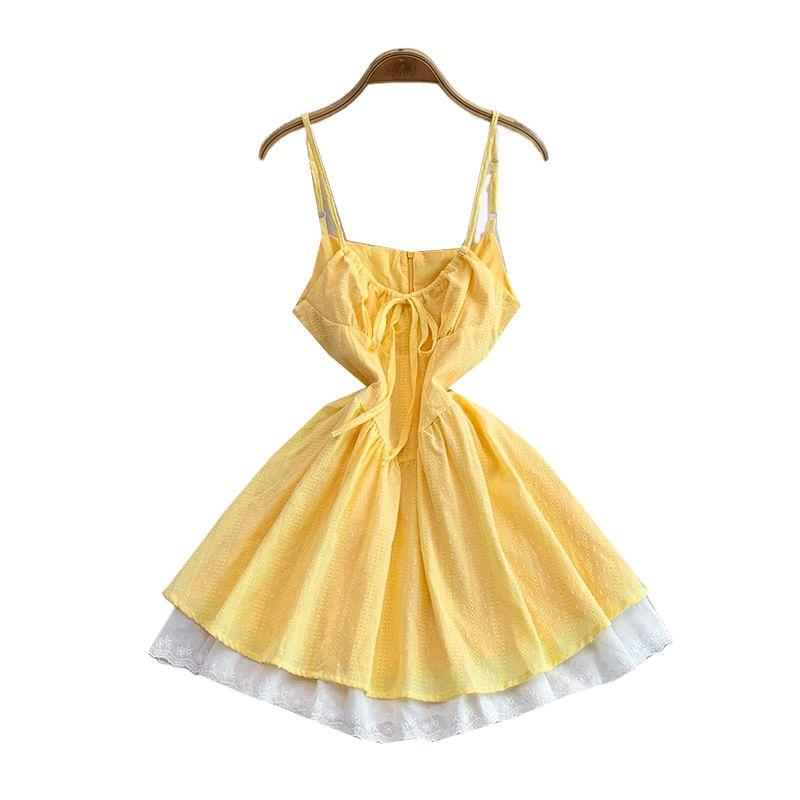 French style Pure Desire Lace-up V-neck Sling Dress Women Summer New Lace Embroidery Waist Slimming Cake Skirts